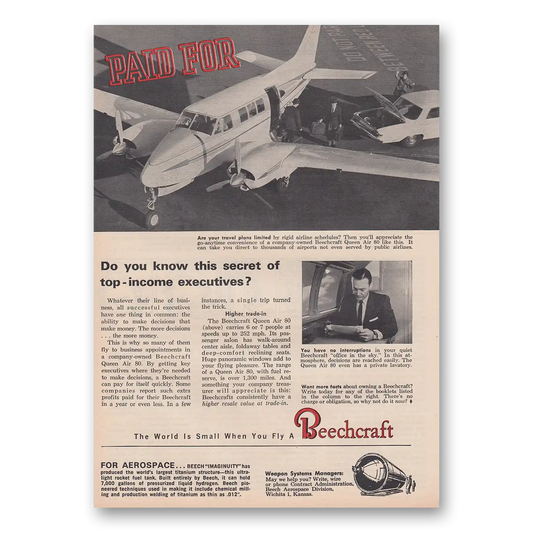 1963 Beechcraft Queen Air Do You Know the Secret of Top Income Executives Vintage Magazine Print Ad