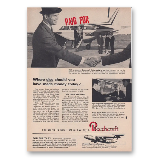 1963 Beechcraft Queen Air What Else Should You Have Made Money Today Vintage Magazine Print Ad