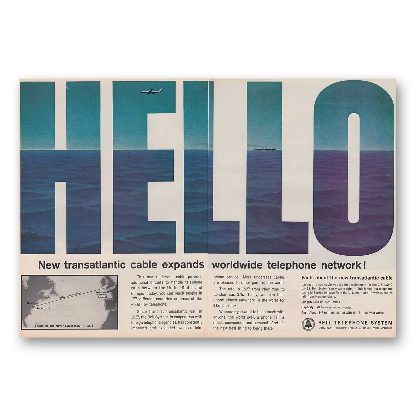 1963 Bell Telephone Transatlantic Cable Expands Worldwide Vintage Magazine Print Ad