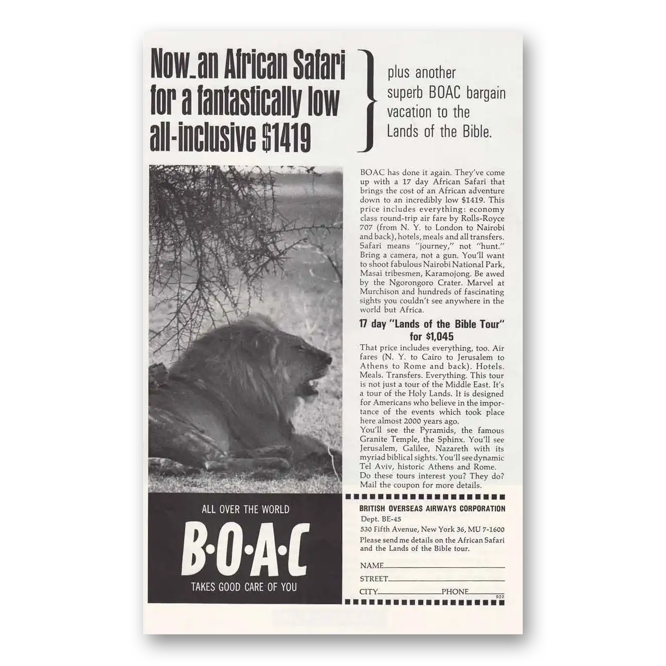 1963 British Airways BOAC African Safari Vintage Magazine Print Ad