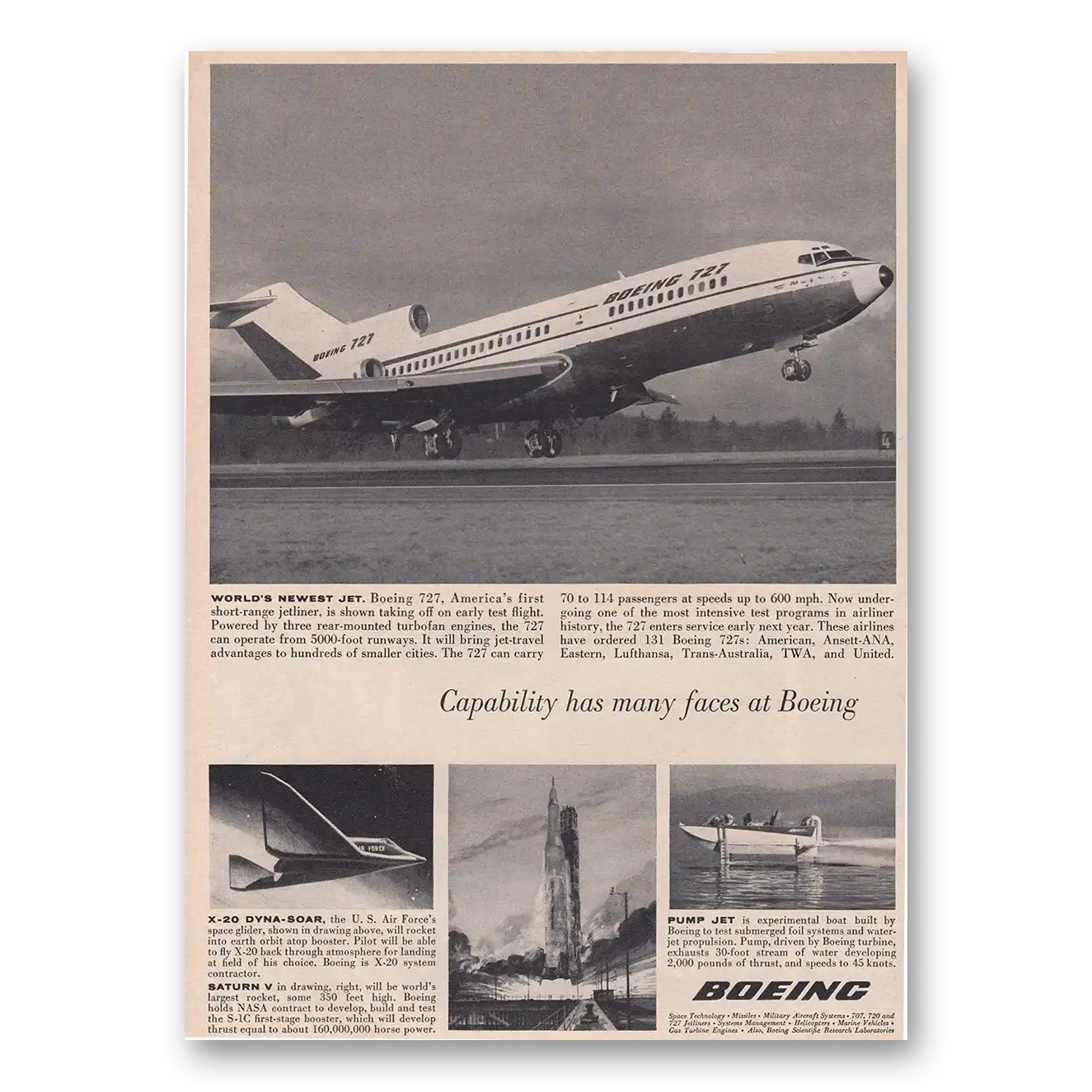 1963 Boeing 727 Capability Has Many Faces at Boeing Vintage Magazine Print Ad