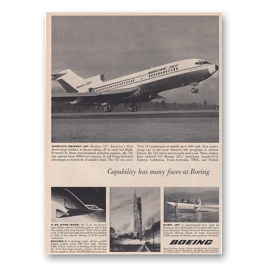 1963 Boeing 727 Capability Has Many Faces at Boeing Vintage Magazine Print Ad