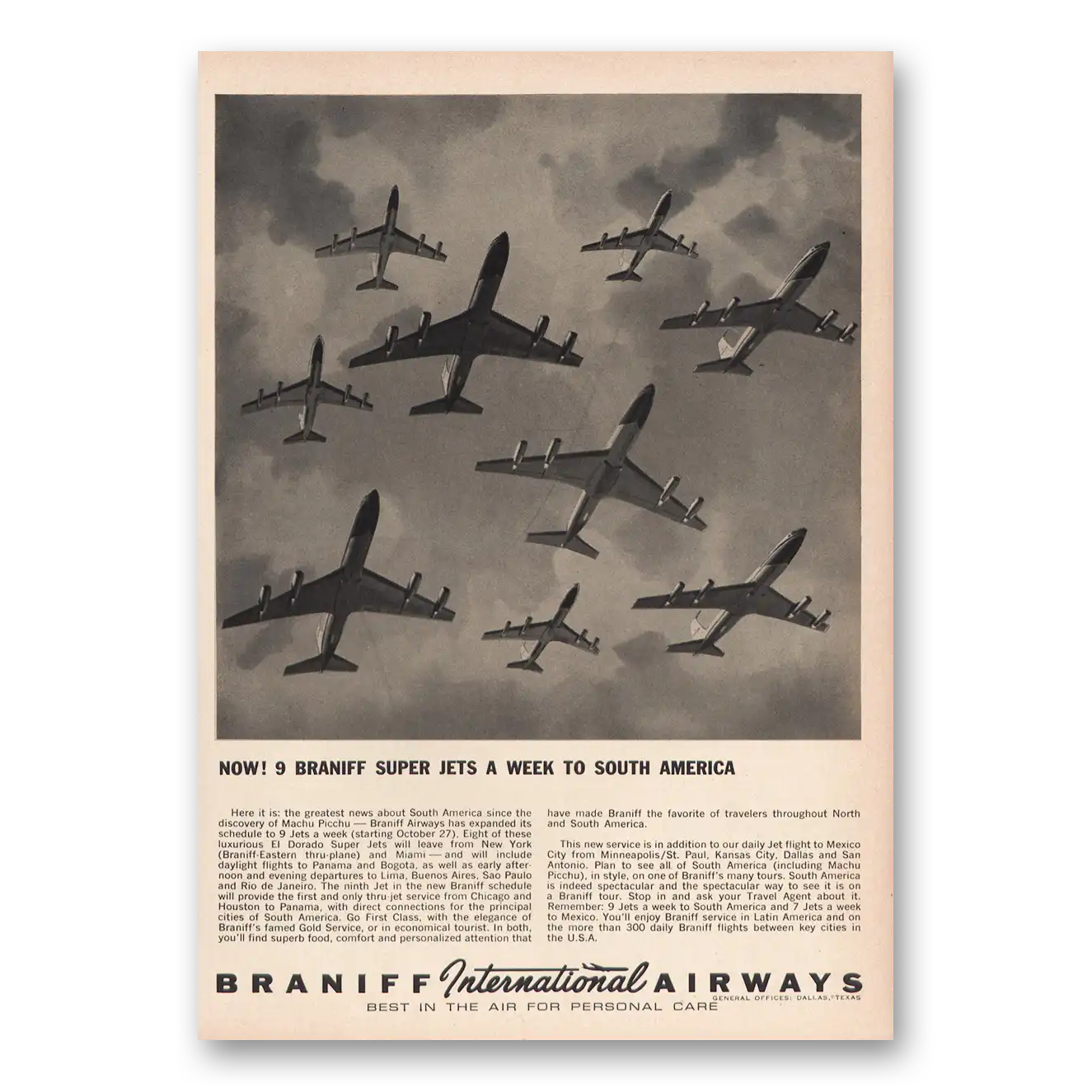 1963 Braniff International Airways Super Jets a Week to South America Vintage Magazine Print Ad