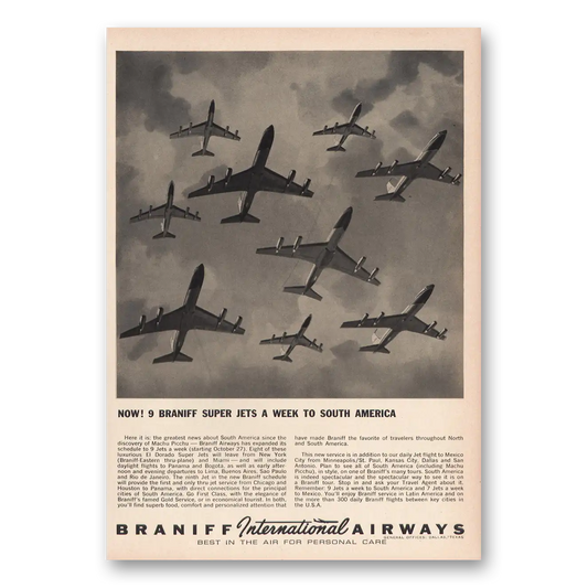 1963 Braniff International Airways Super Jets a Week to South America Vintage Magazine Print Ad