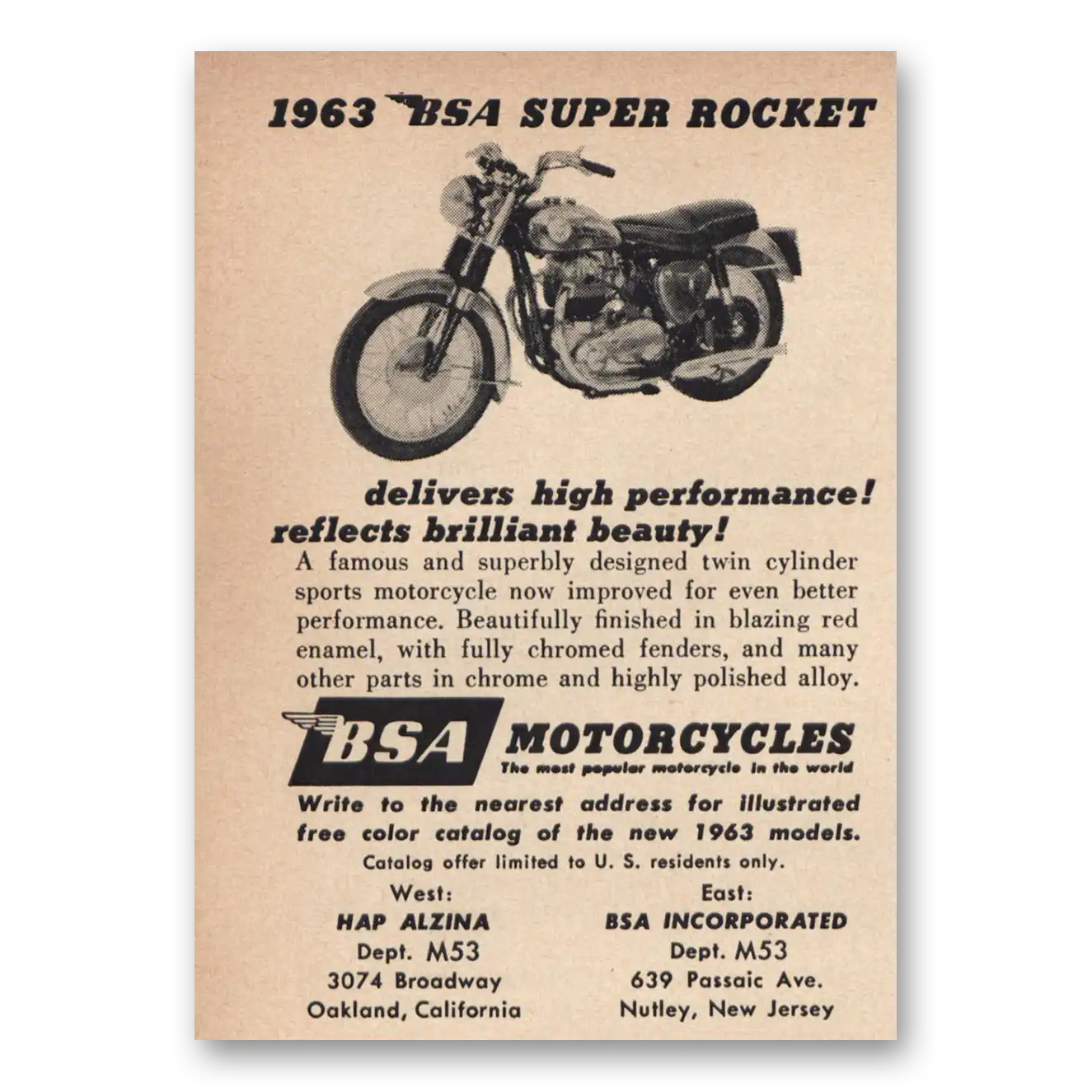 1963 BSA Motorcycles Super Rocket Delivers High Performance Vintage Magazine Print Ad