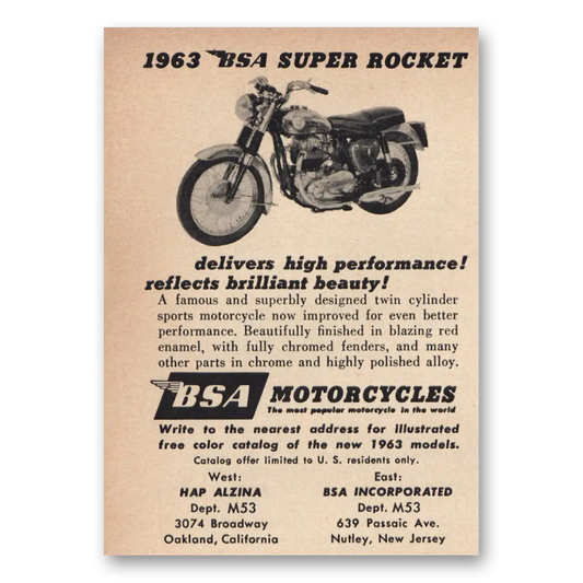 1963 BSA Motorcycles Super Rocket Delivers High Performance Vintage Magazine Print Ad