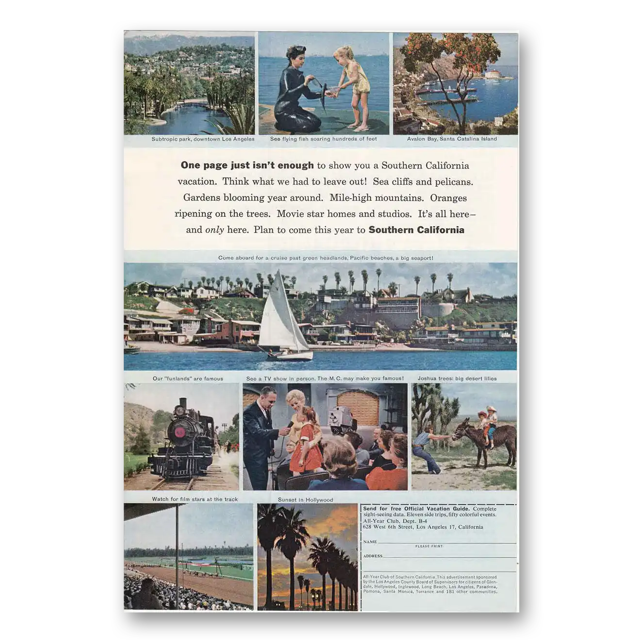 1963 Southern California One Page Just Isnt Enough Vintage Magazine Print Ad