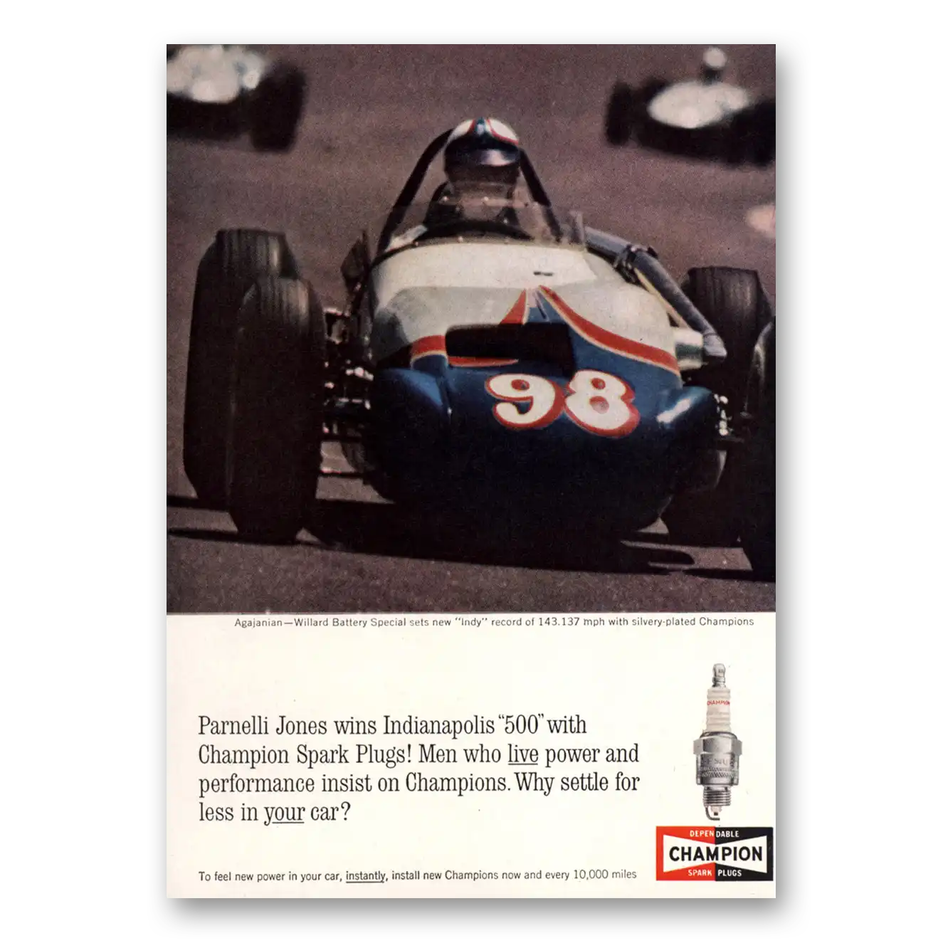 1963 Champion Spark Plugs Parnelli Jones Indianapolis 500 Vintage Magazine Print Ad