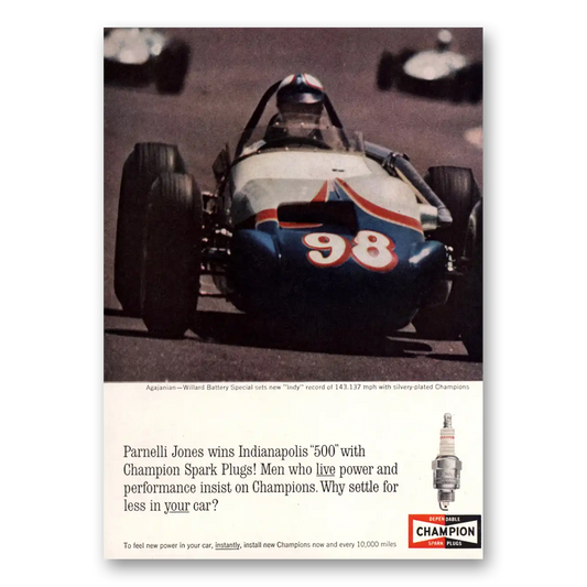 1963 Champion Spark Plugs Parnelli Jones Indianapolis 500 Vintage Magazine Print Ad