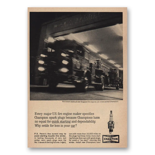 1963 Champion Spark Plugs Fire Engine Maker Vintage Magazine Print Ad