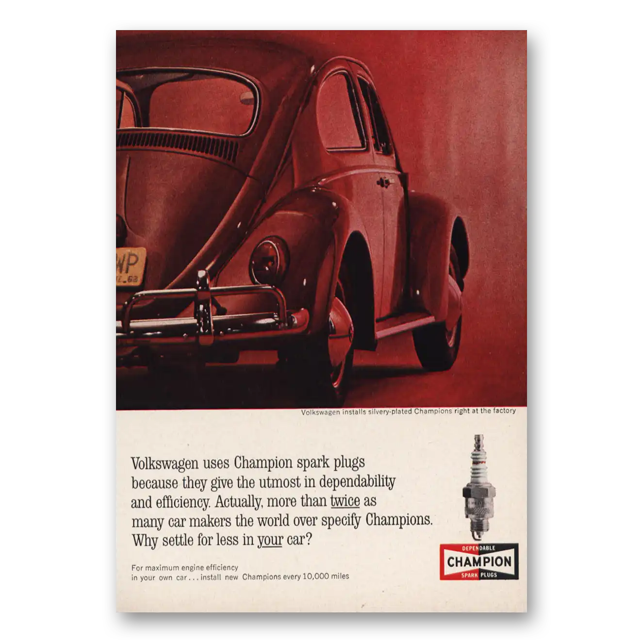 1963 Champion Spark Plugs Volkswagen Uses Champion Vintage Magazine Print Ad