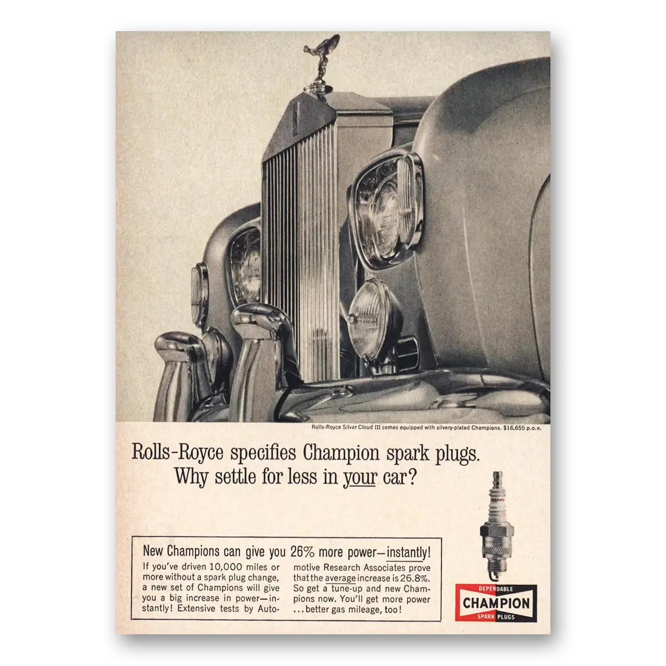 1963 Champion Spark Plugs Rolls Royce Specifies Vintage Magazine Print Ad