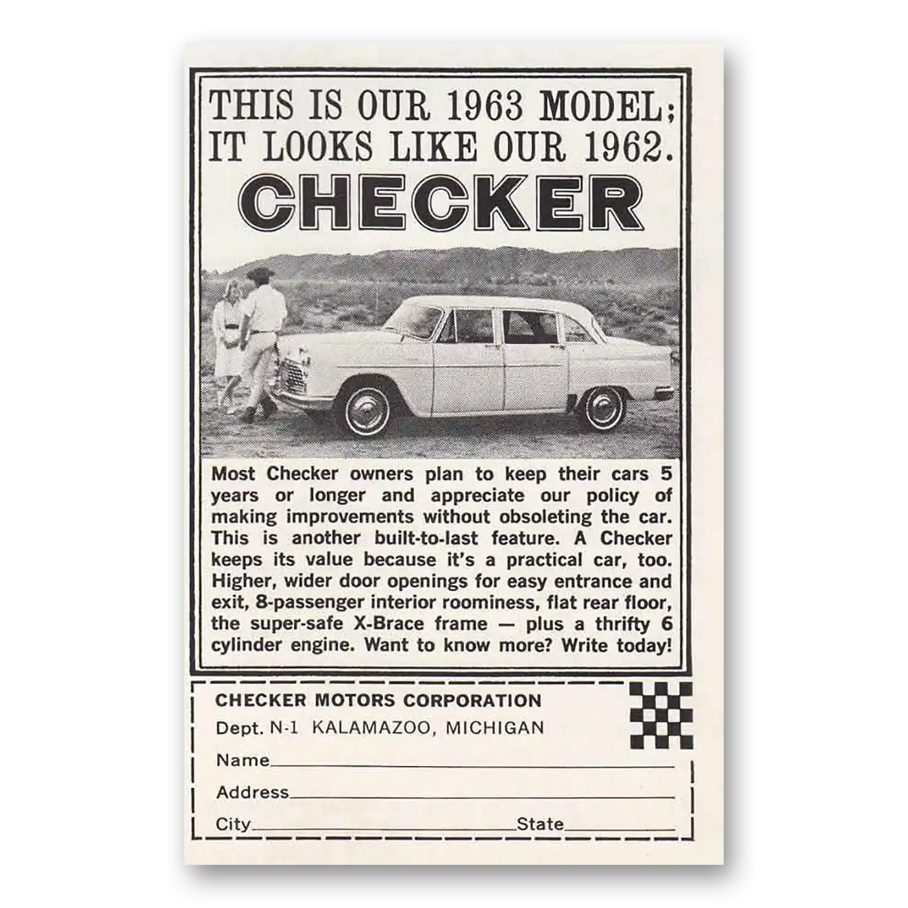 1963 Checker Motors Model Looks Like Vintage Magazine Print Ad