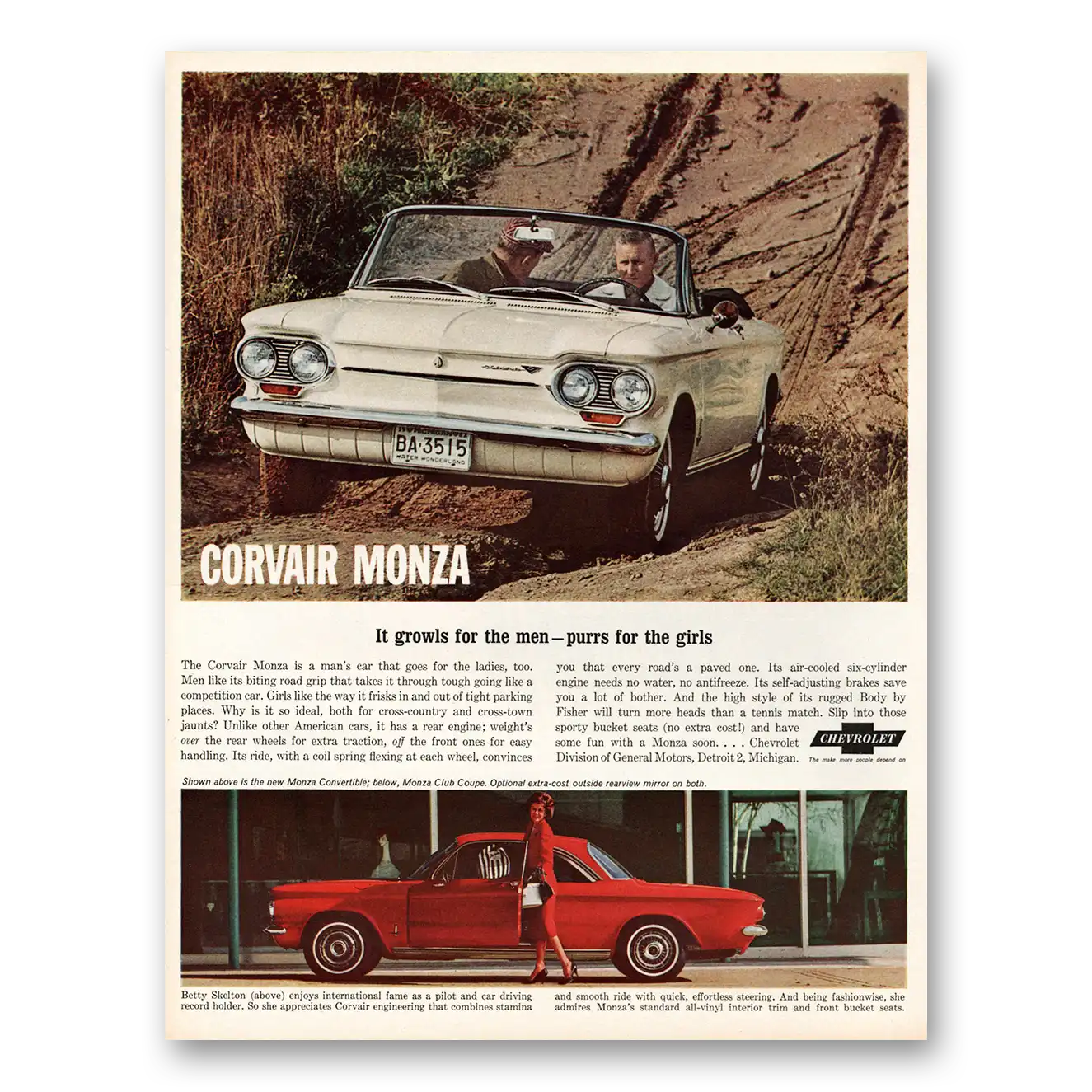 1963 Chevrolet Corvair Growls for the Men Vintage Magazine Print Ad