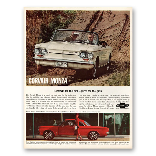 1963 Chevrolet Corvair Growls for the Men Vintage Magazine Print Ad