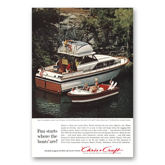 1963 Chris Craft Constellation Fun Starts Where the Boats Are Vintage Magazine Print Ad