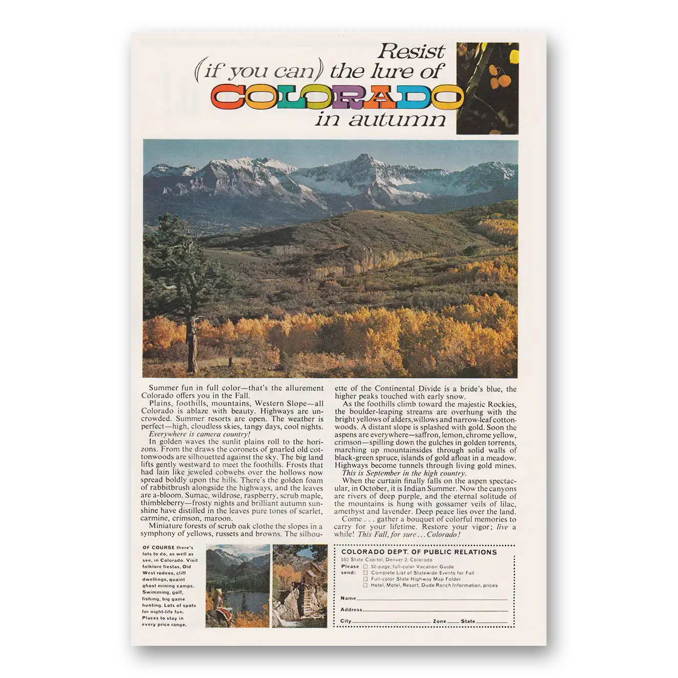 1963 Colorado Resist If You Can the Lure of Colorado in Autumn Vintage Magazine Print Ad