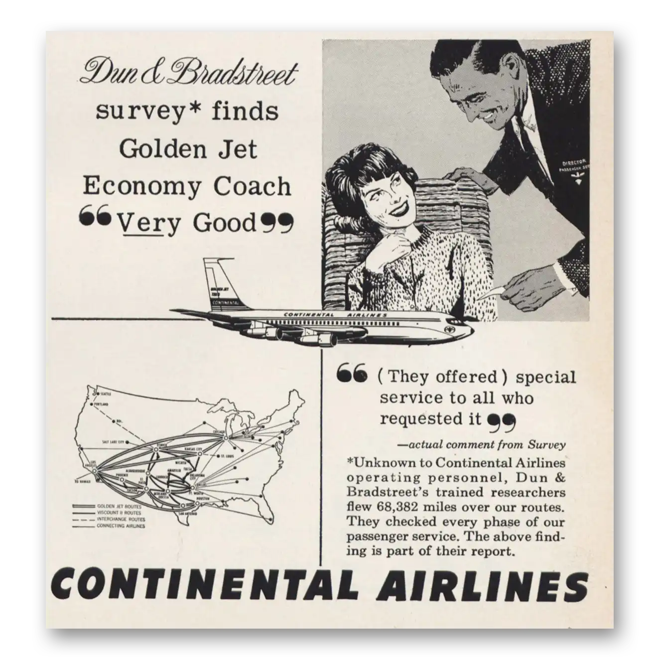 1963 Continental Airlines Dun Bradstreet Golden Jet Economy Coach Vintage Magazine Print Ad