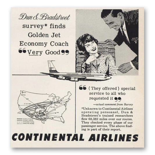 1963 Continental Airlines Dun Bradstreet Golden Jet Economy Coach Vintage Magazine Print Ad