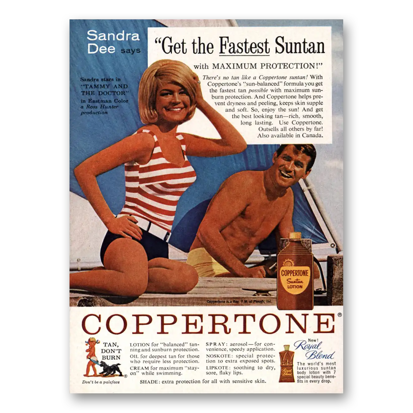 1963 Coppertone Get the Fastest Suntan Sandra Dee Vintage Magazine Print Ad