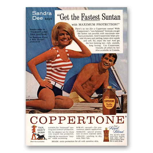 1963 Coppertone Get the Fastest Suntan Sandra Dee Vintage Magazine Print Ad