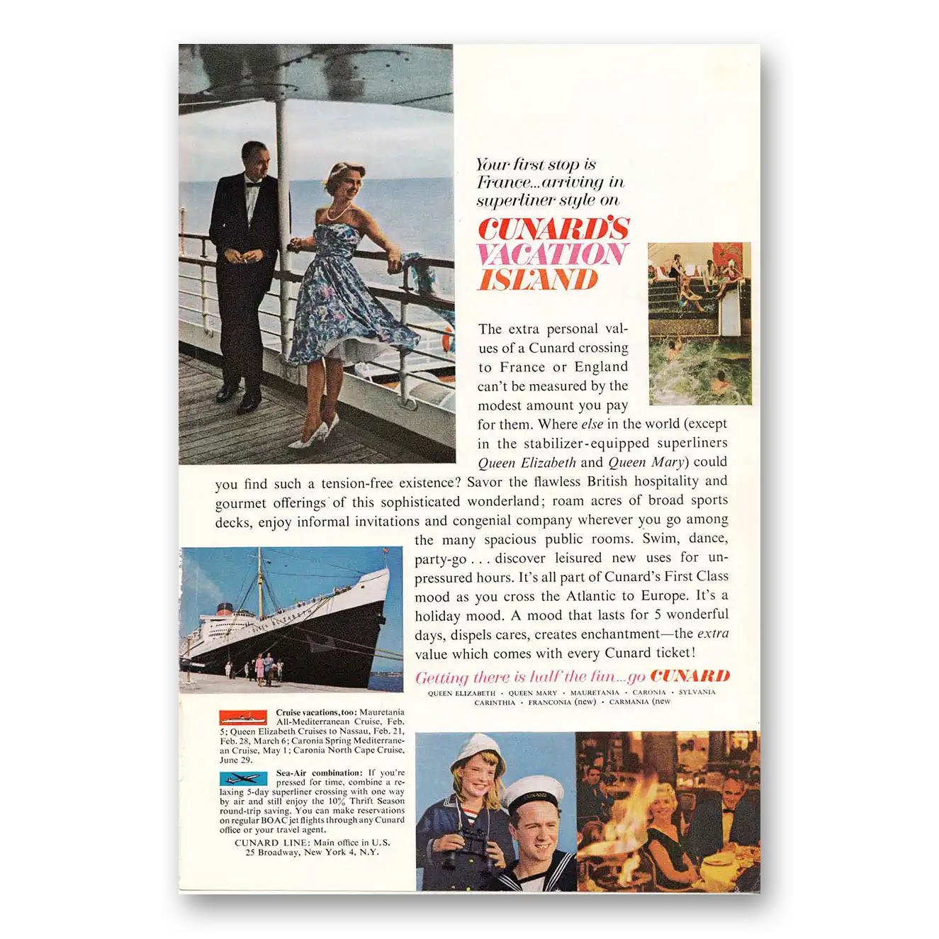 1963 Cunard First Stop is France Superliner Style Vintage Magazine Print Ad