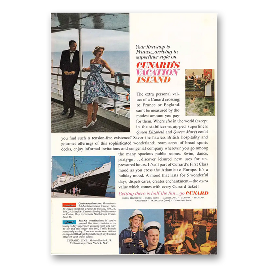 1963 Cunard First Stop is France Superliner Style Vintage Magazine Print Ad