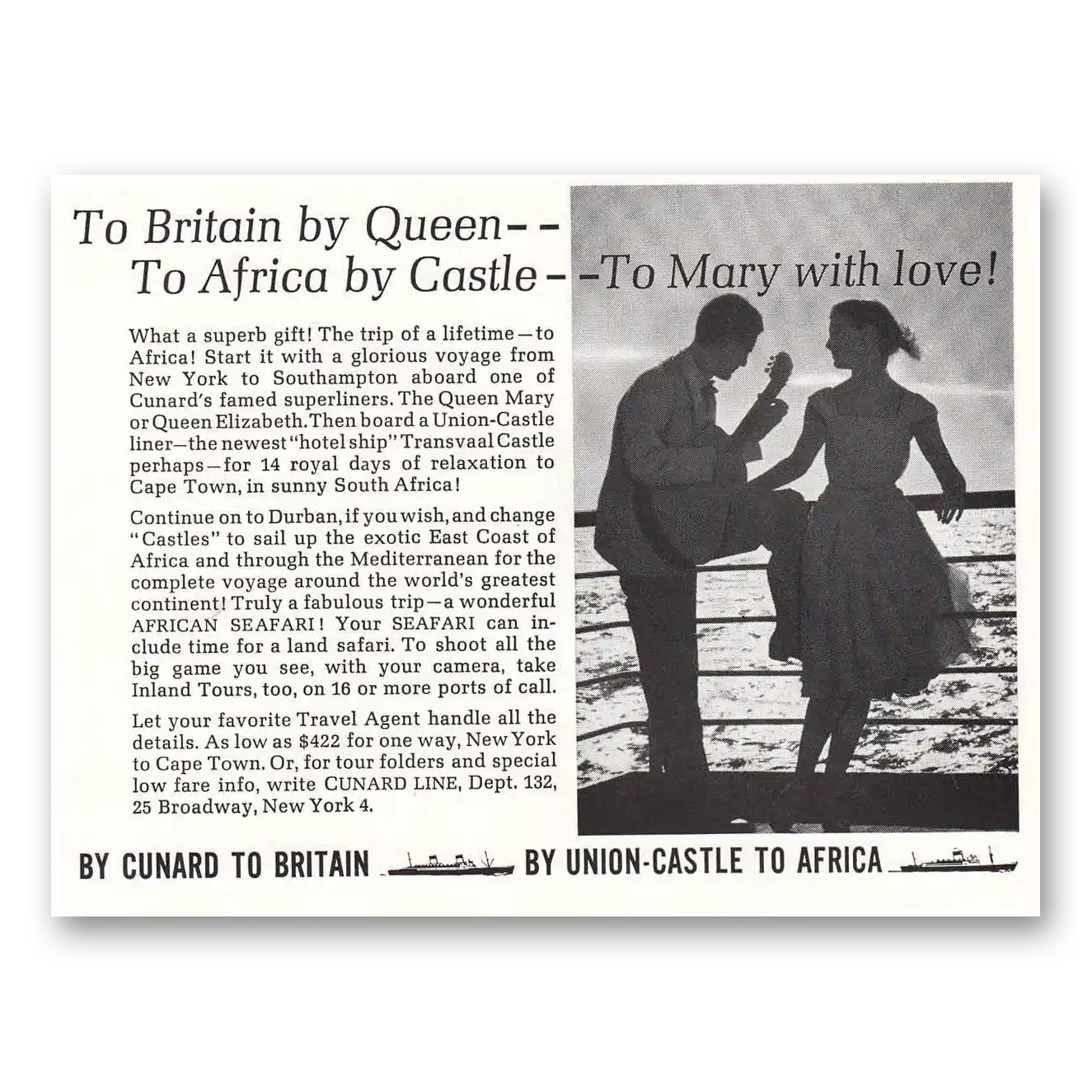 1963 Cunard Union Castle To Mary With Love Vintage Magazine Print Ad