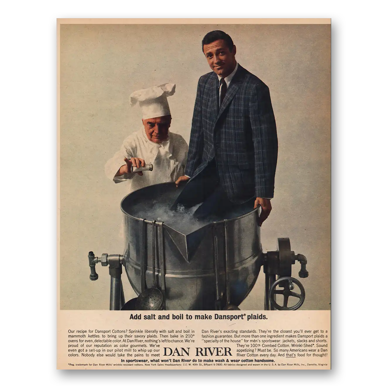 1963 Dan River Add Salt and Boil Dansport Plaids Vintage Magazine Print Ad