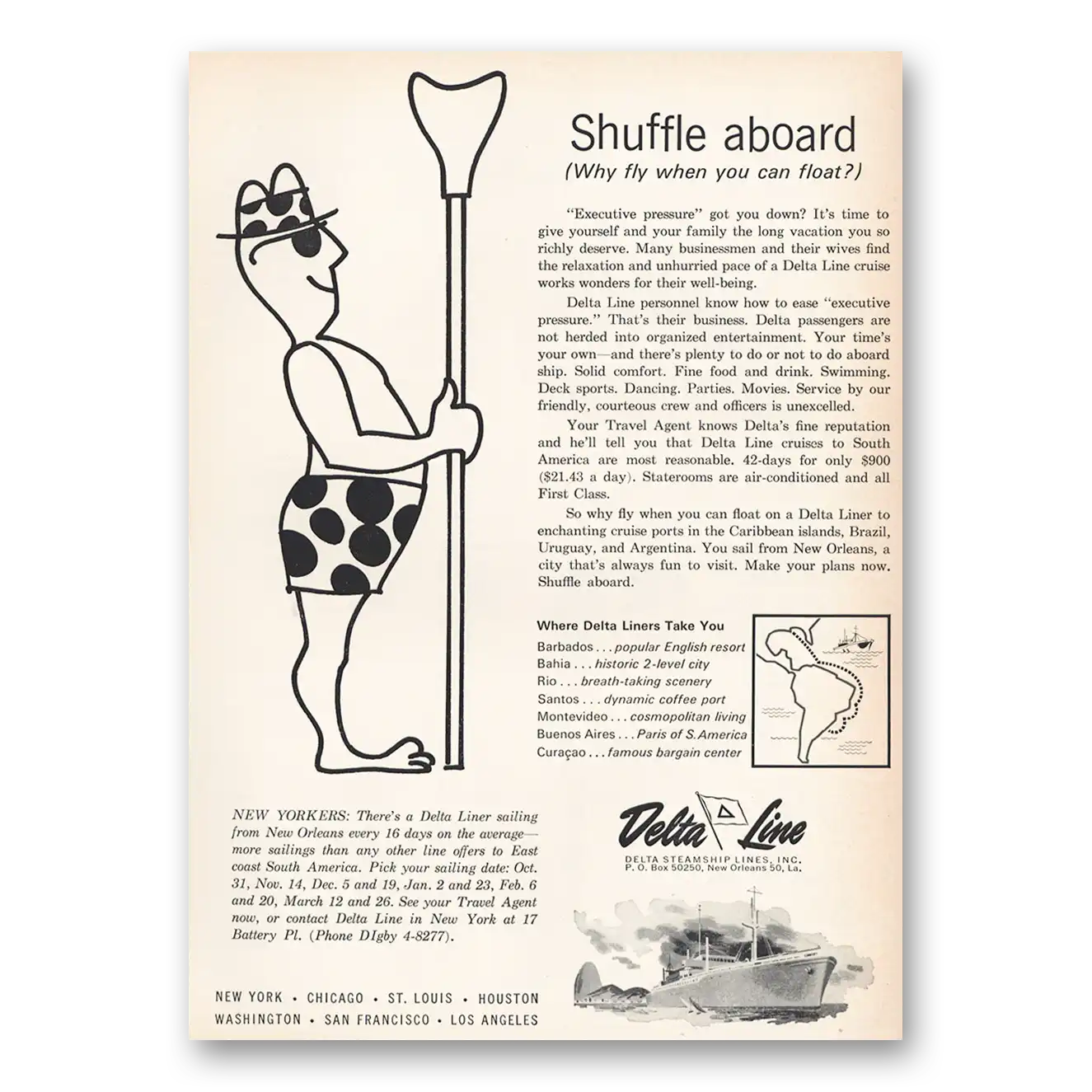 1963 Delta Line Shuffle Aboard Why Fly When You Can Float Vintage Magazine Print Ad