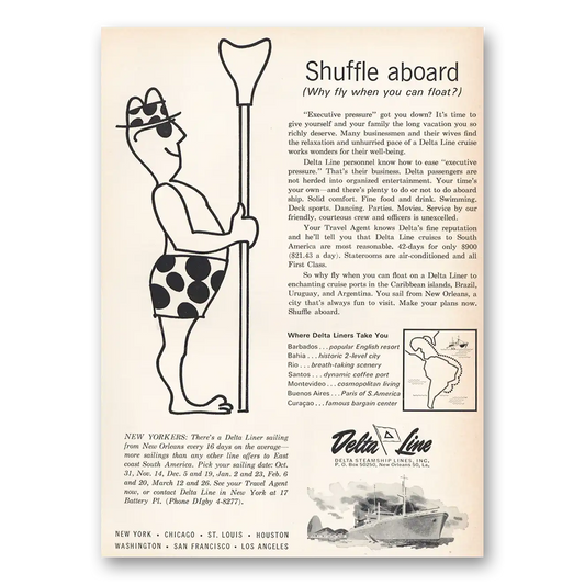 1963 Delta Line Shuffle Aboard Why Fly When You Can Float Vintage Magazine Print Ad