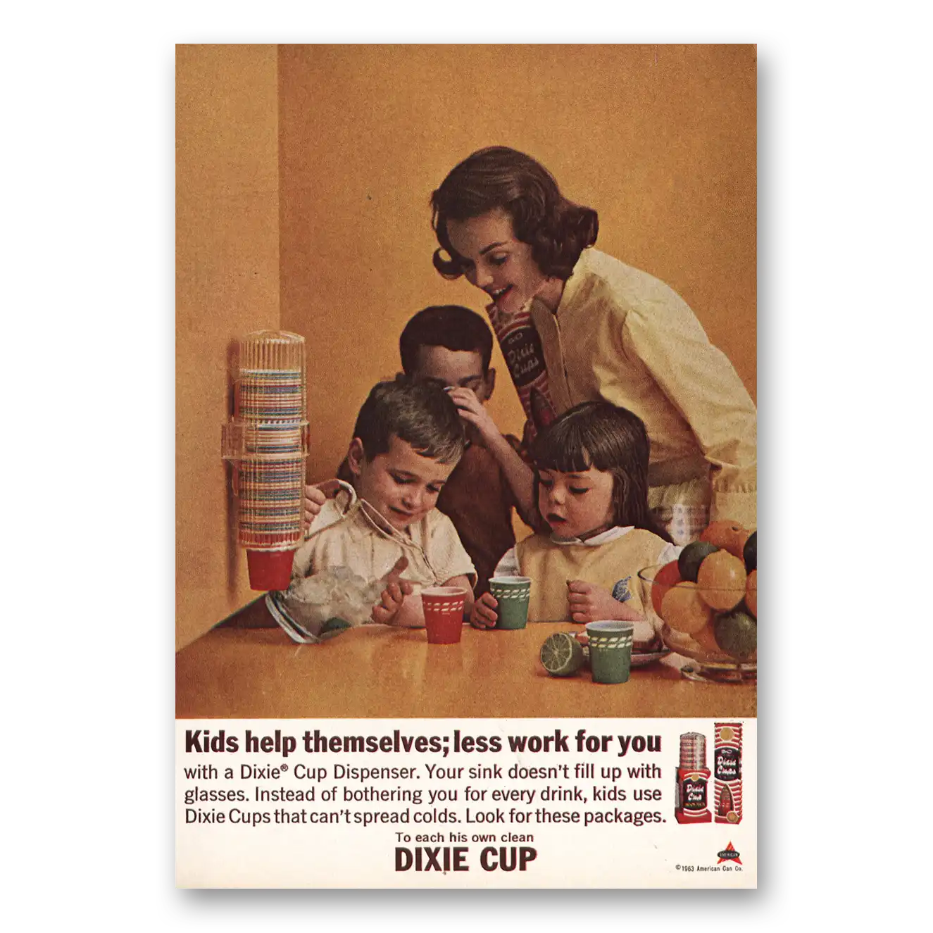 1963 Dixie Cup Kids Help Themselves Vintage Magazine Print Ad