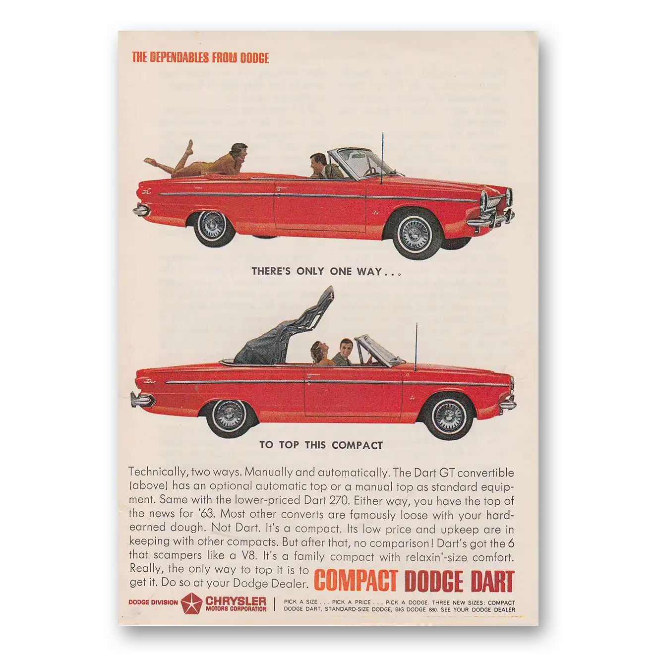 1963 Dodge Dart Theres Only One Way to Top This Compact Vintage Magazine Print Ad