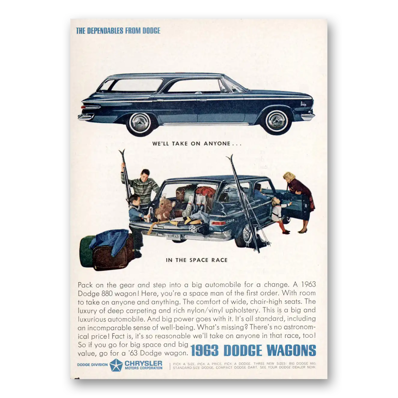 1963 Dodge Wagons We'll Take On Anyone In the Space Race Vintage Magazine Print Ad