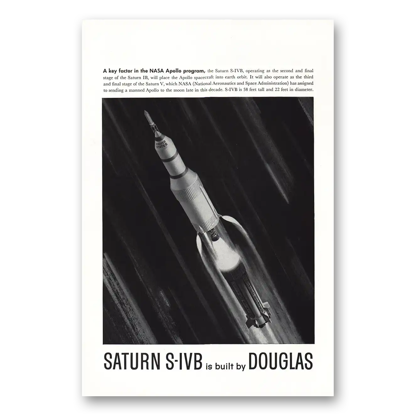 1963 Douglas Saturn S-IVB Key Factor in the NASA Apollo Program Vintage Magazine Print Ad