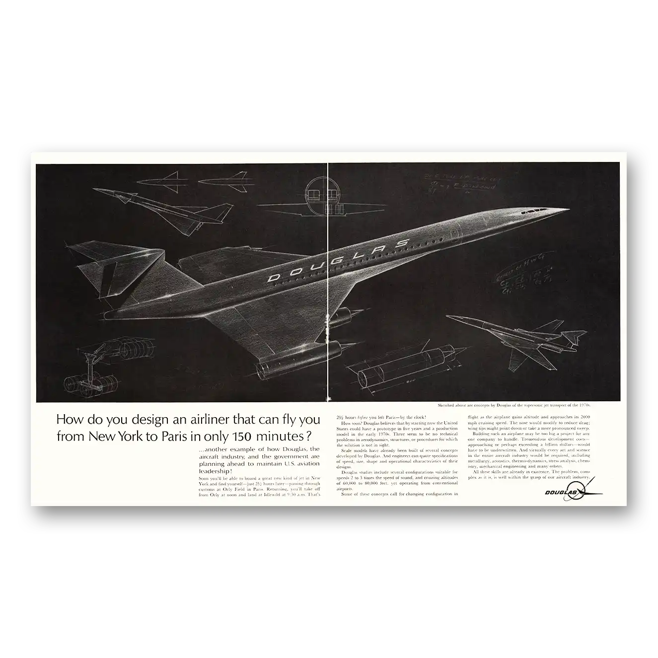 1963 Douglas Skyrocket Fly From New York to Paris 150 Minutes Vintage Magazine Print Ad