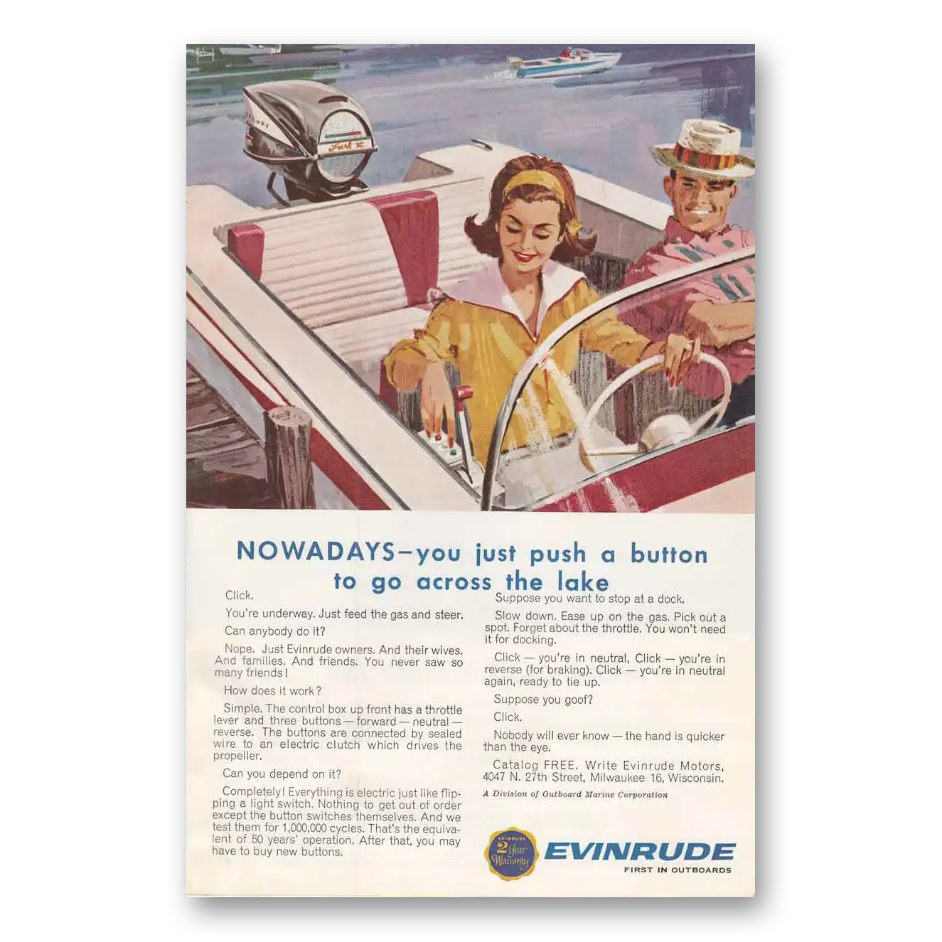 1963 Evinrude Nowadays You Just Push a Button Vintage Magazine Print Ad