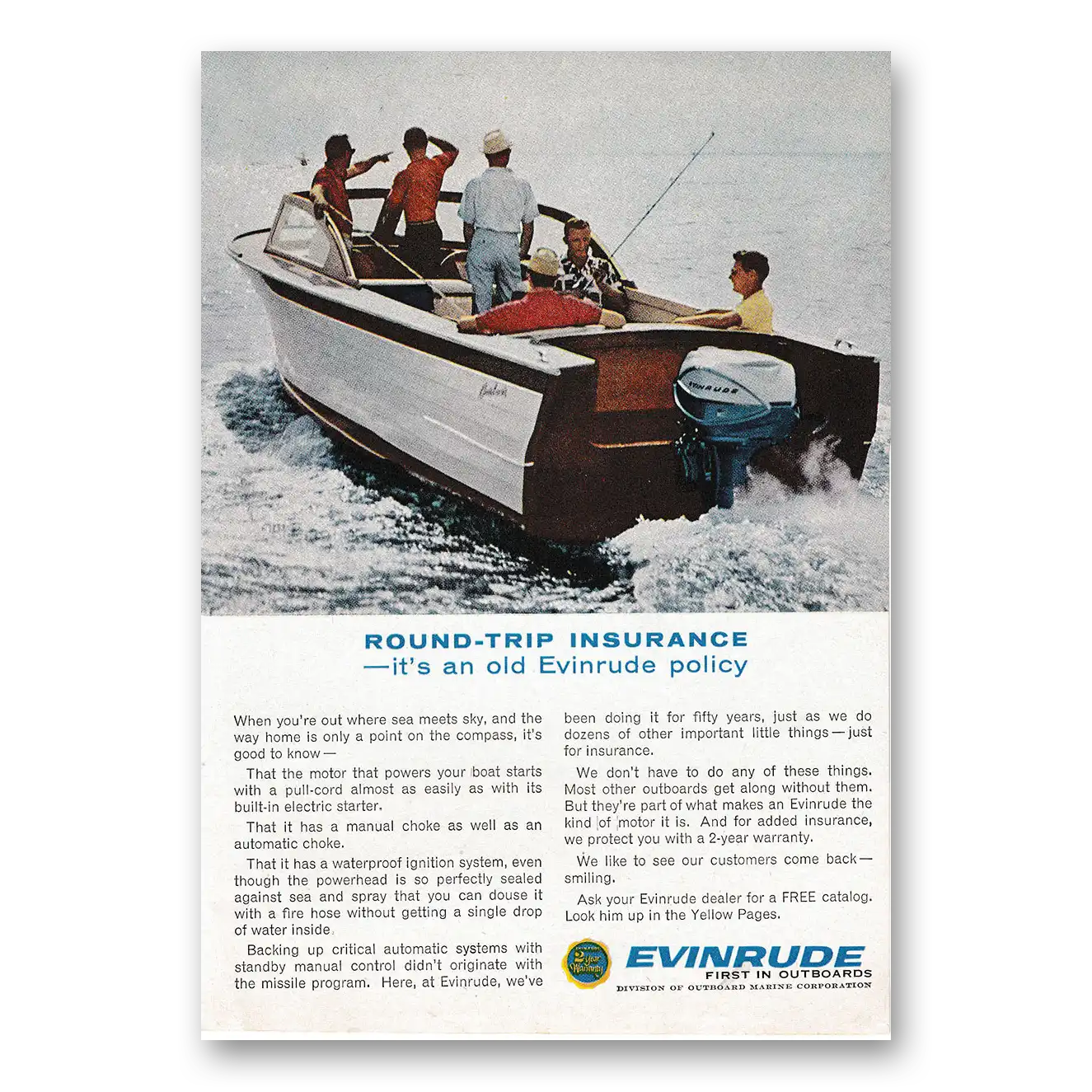 1963 Evinrude Round Trip Insurance Vintage Magazine Print Ad