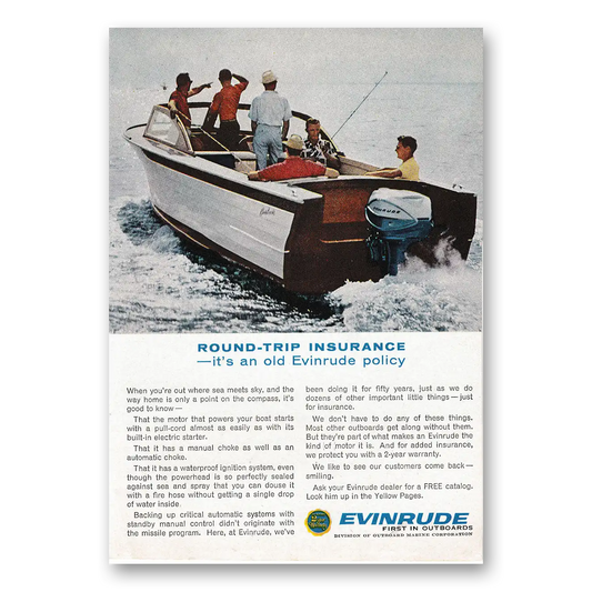 1963 Evinrude Round Trip Insurance Vintage Magazine Print Ad