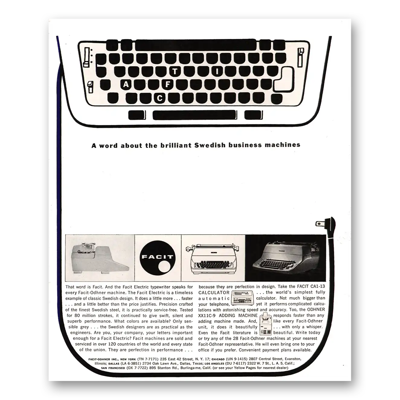 1963 Facit Typewriter Brilliant Swedish Business Machines Vintage Magazine Print Ad