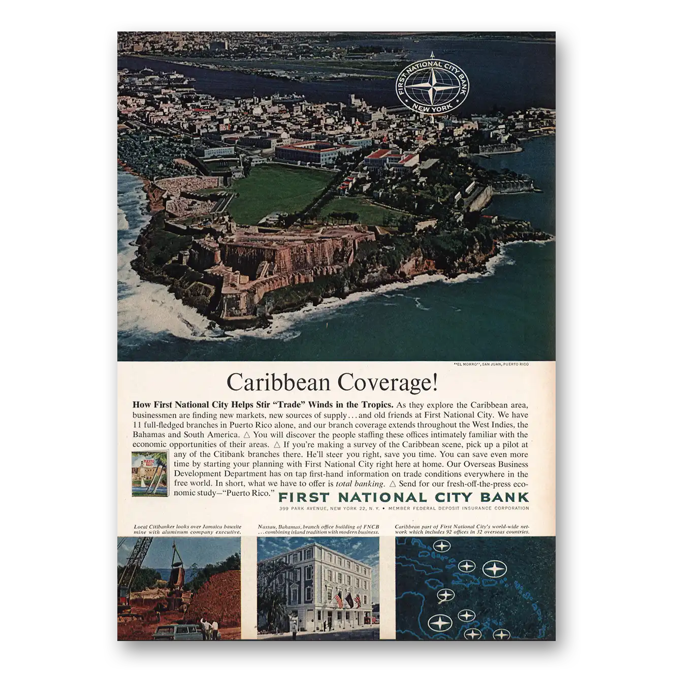 1963 First National City Bank Caribbean Coverage Vintage Magazine Print Ad