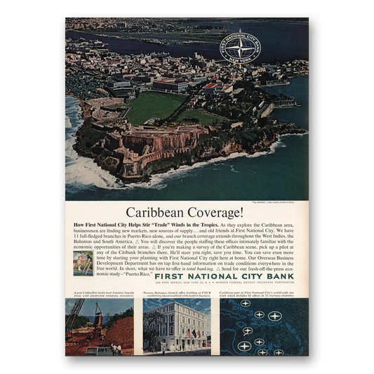 1963 First National City Bank Caribbean Coverage Vintage Magazine Print Ad