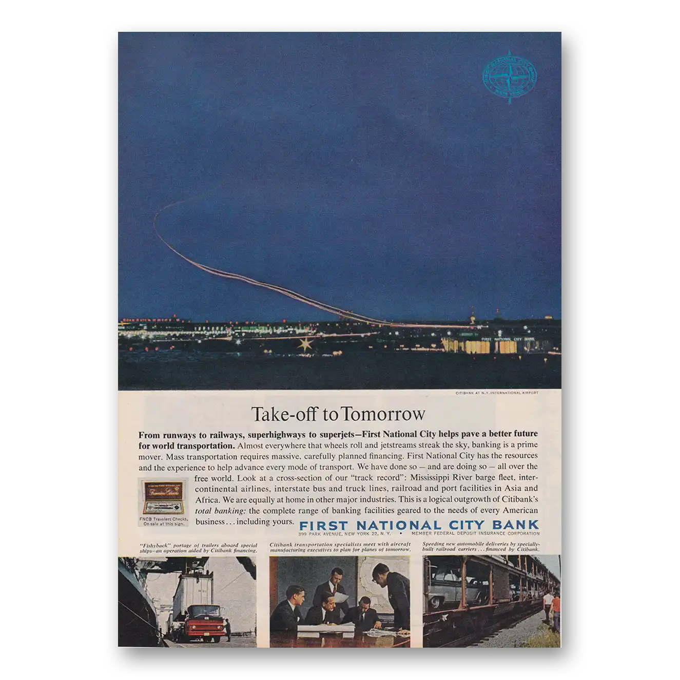 1963 First National City Bank Take Off to Tomorrow Vintage Magazine Print Ad