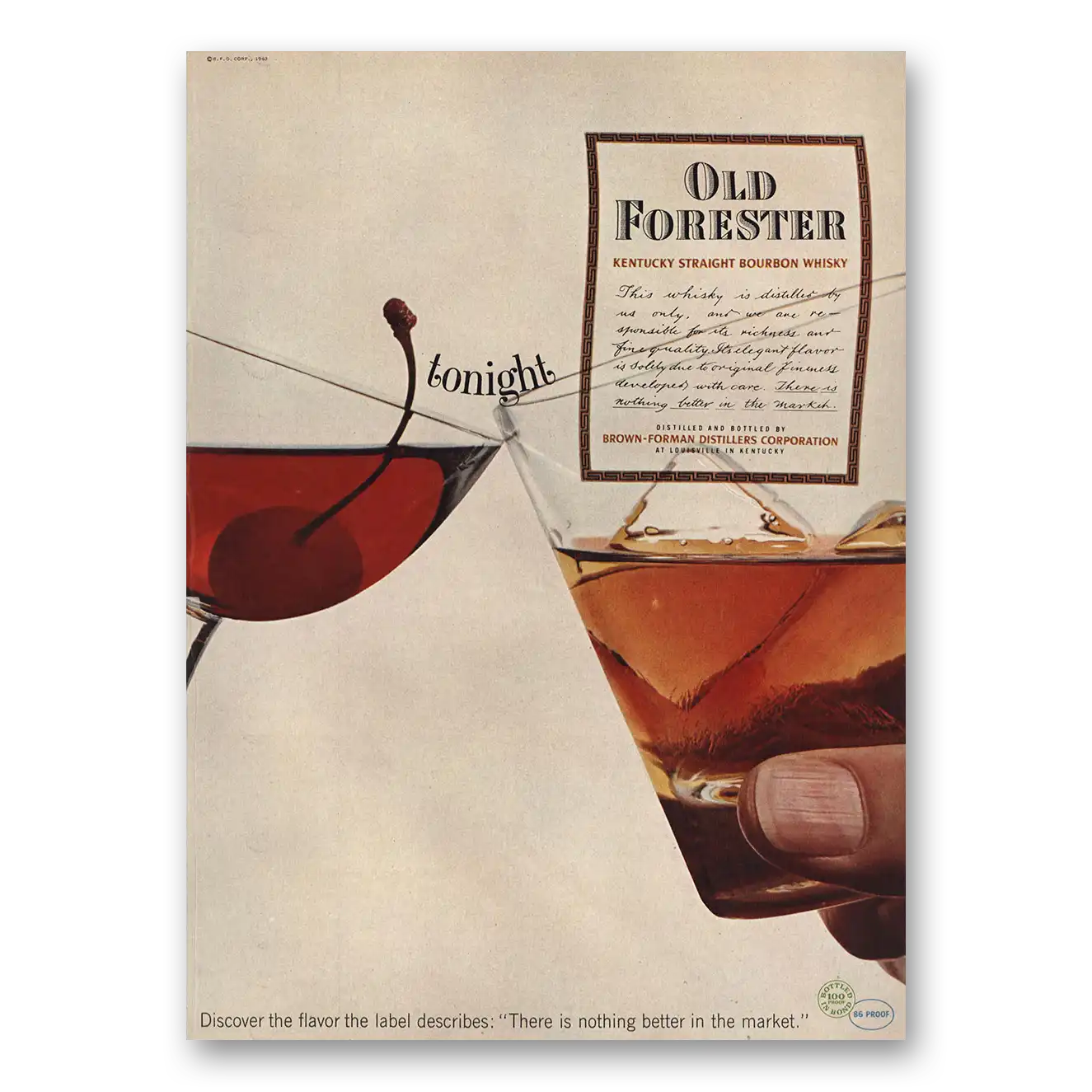 1963 Old Forester Whisky Tonight Kentucky Straight Bourbon Whisky Vintage Magazine Print Ad