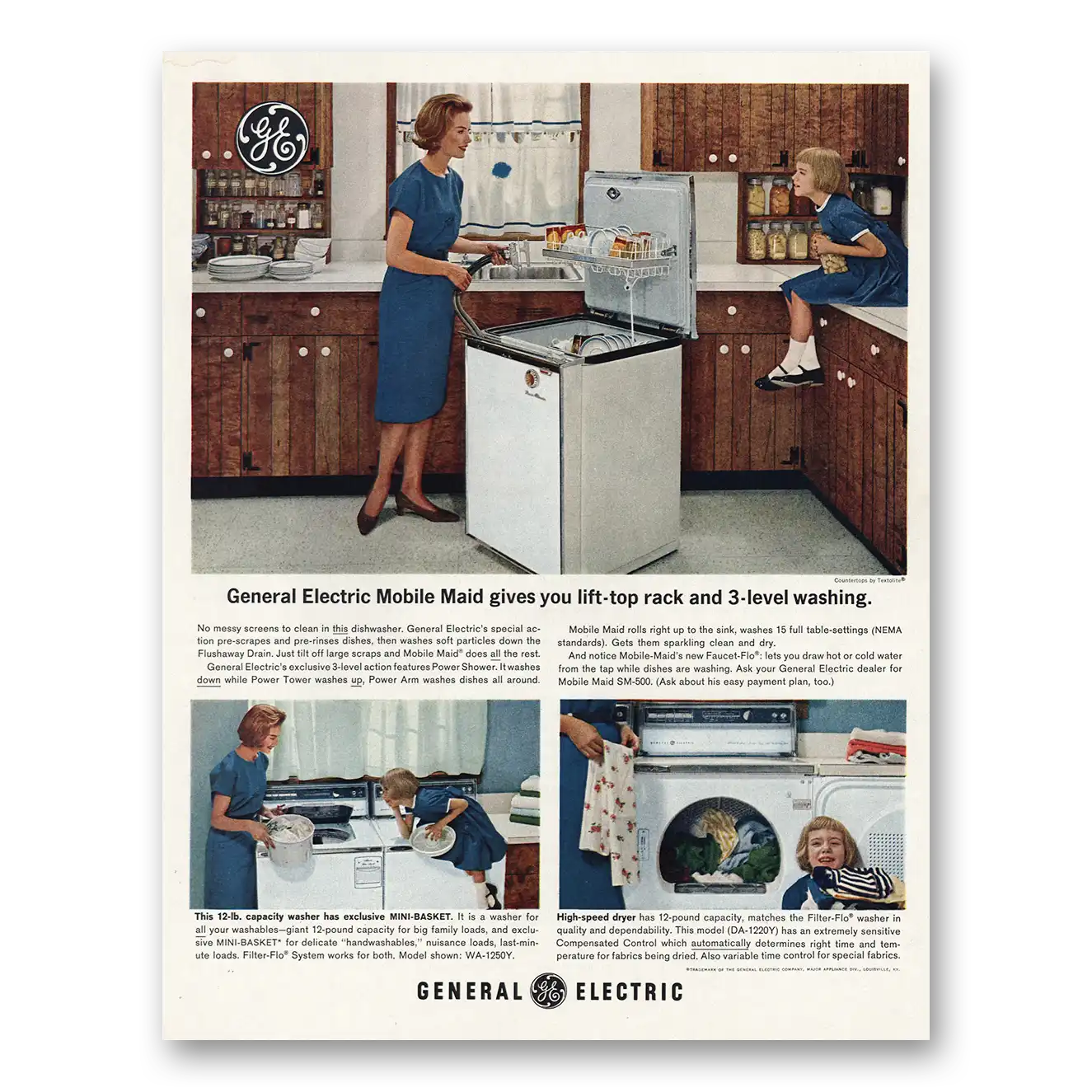 1963 General Electric Dishwasher Mobile Maid Lift Top Rack 3 Level Washing Vintage Magazine Print Ad