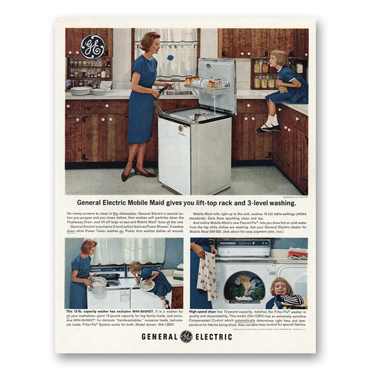 1963 General Electric Dishwasher Mobile Maid Lift Top Rack 3 Level Washing Vintage Magazine Print Ad