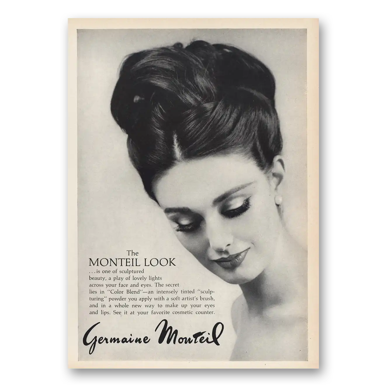 1963 Germaine Monteil Cosmetics Sculptured Beauty Play of Lovely Lights Vintage Magazine Print Ad