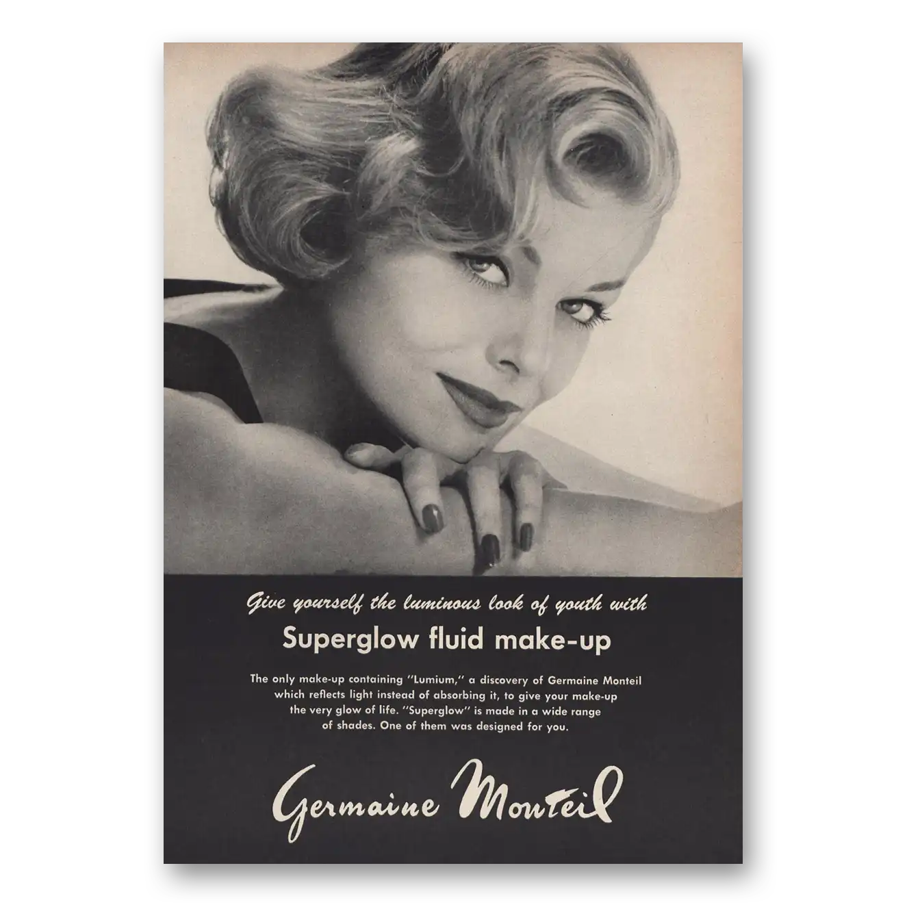 1963 Germaine Monteil Cosmetics Superglow Fluid Make Up Vintage Magazine Print Ad