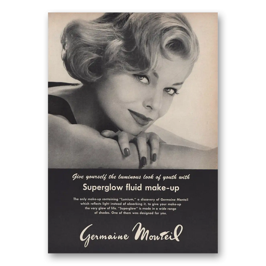 1963 Germaine Monteil Cosmetics Superglow Fluid Make Up Vintage Magazine Print Ad