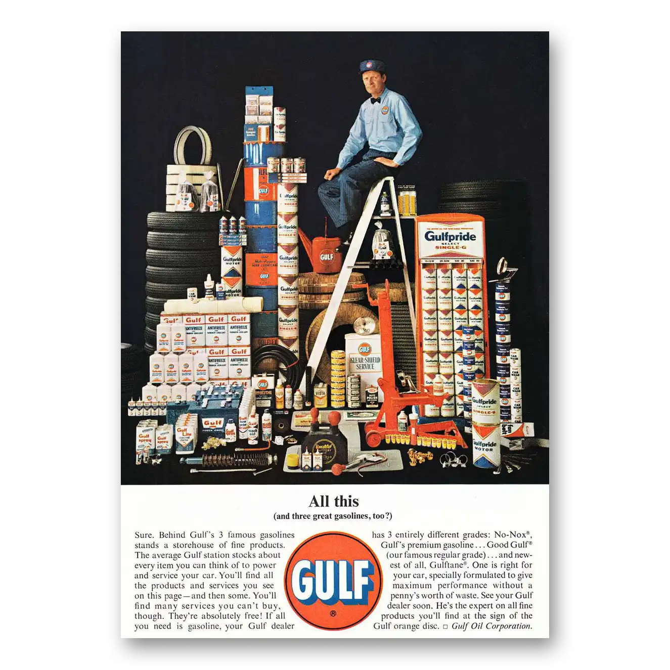 1963 Gulf Oil All This and Three Great Gasolines Vintage Magazine Print Ad